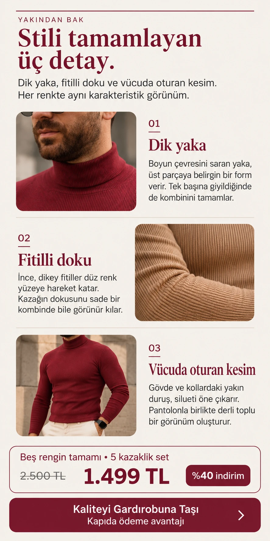 Dik yaka, fitilli doku ve kazak kesimi